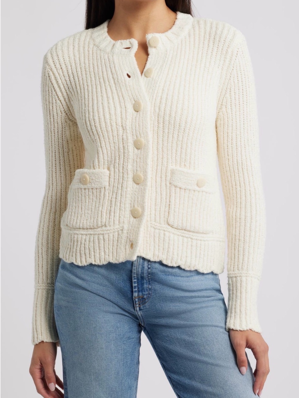 Caslon Cream Ribbed Button-Down Cardigan